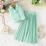 Girls Mint Green Sleeveless Blazer Top With Pleated Flared Pant Co-ord Sets