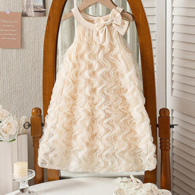 Girls Apricot Bow Applique A-line Dress With Wave Mesh Ruffles Detail Casual Dresses Apricot 3-4 Y