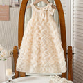 Girls Apricot Bow Applique A-line Dress With Wave Mesh Ruffles Detail Casual Dresses Apricot 3-4 Y