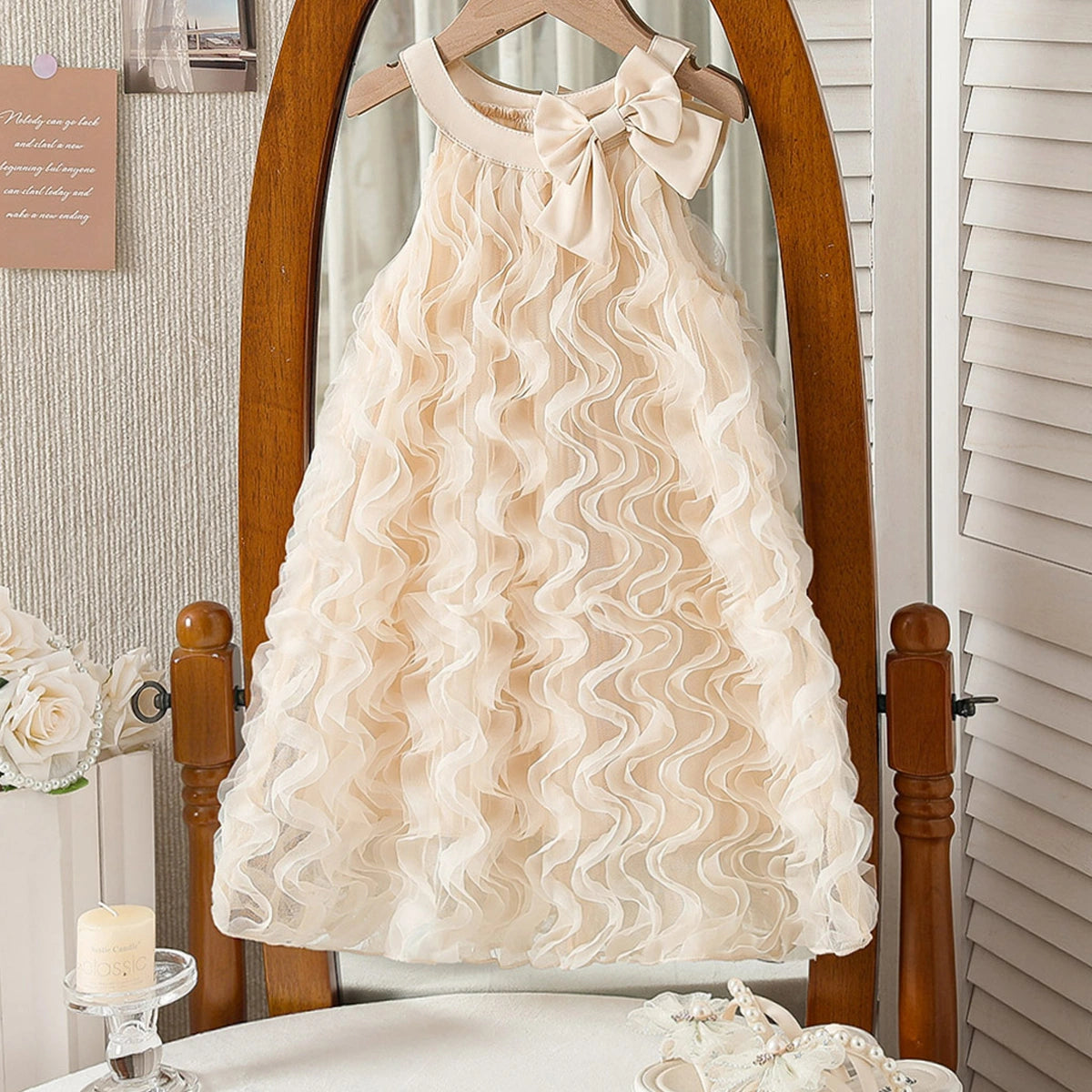 Girls Apricot Bow Applique A-line Dress With Wave Mesh Ruffles Detail Casual Dresses Apricot 3-4 Y