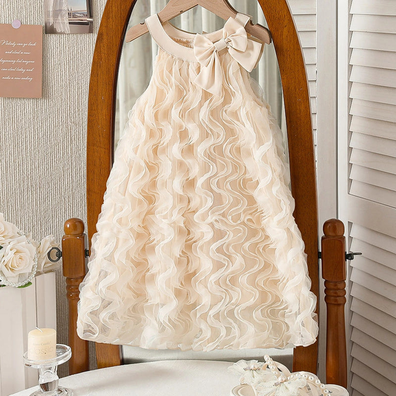 Girls Apricot Bow Applique A-line Dress With Wave Mesh Ruffles Detail Casual Dresses Apricot 3-4 Y