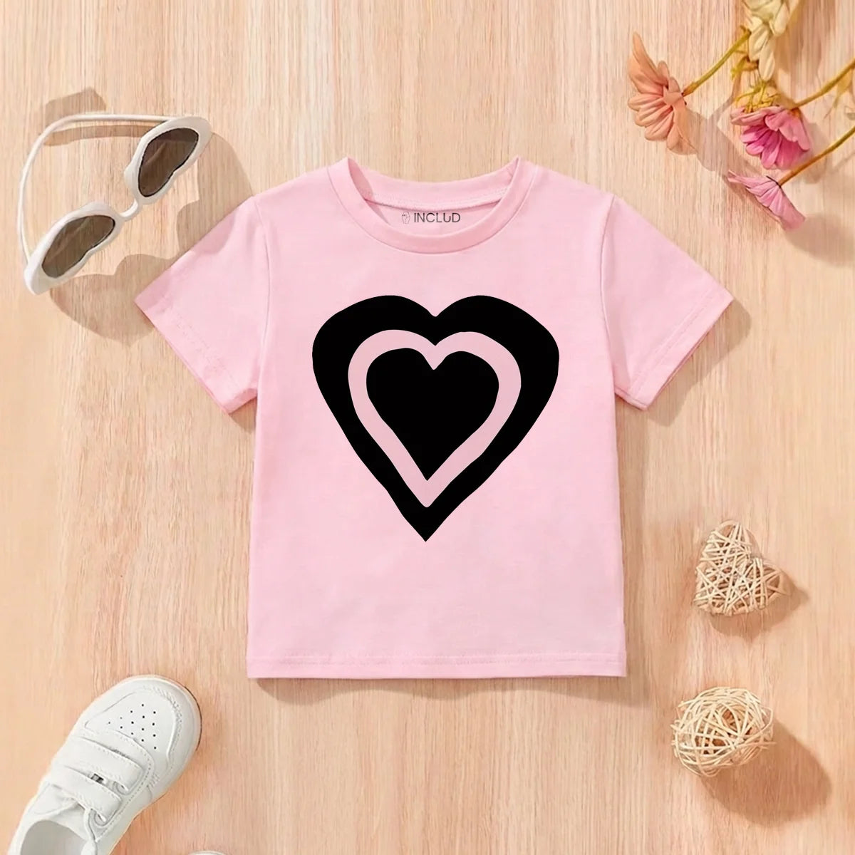 Girls Pink Heart Print Round Neck T-Shirt Tshirts Pink 1-2 Y