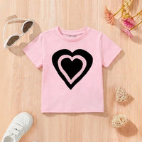Girls Pink Heart Print Round Neck T-Shirt Tshirts Pink 1-2 Y