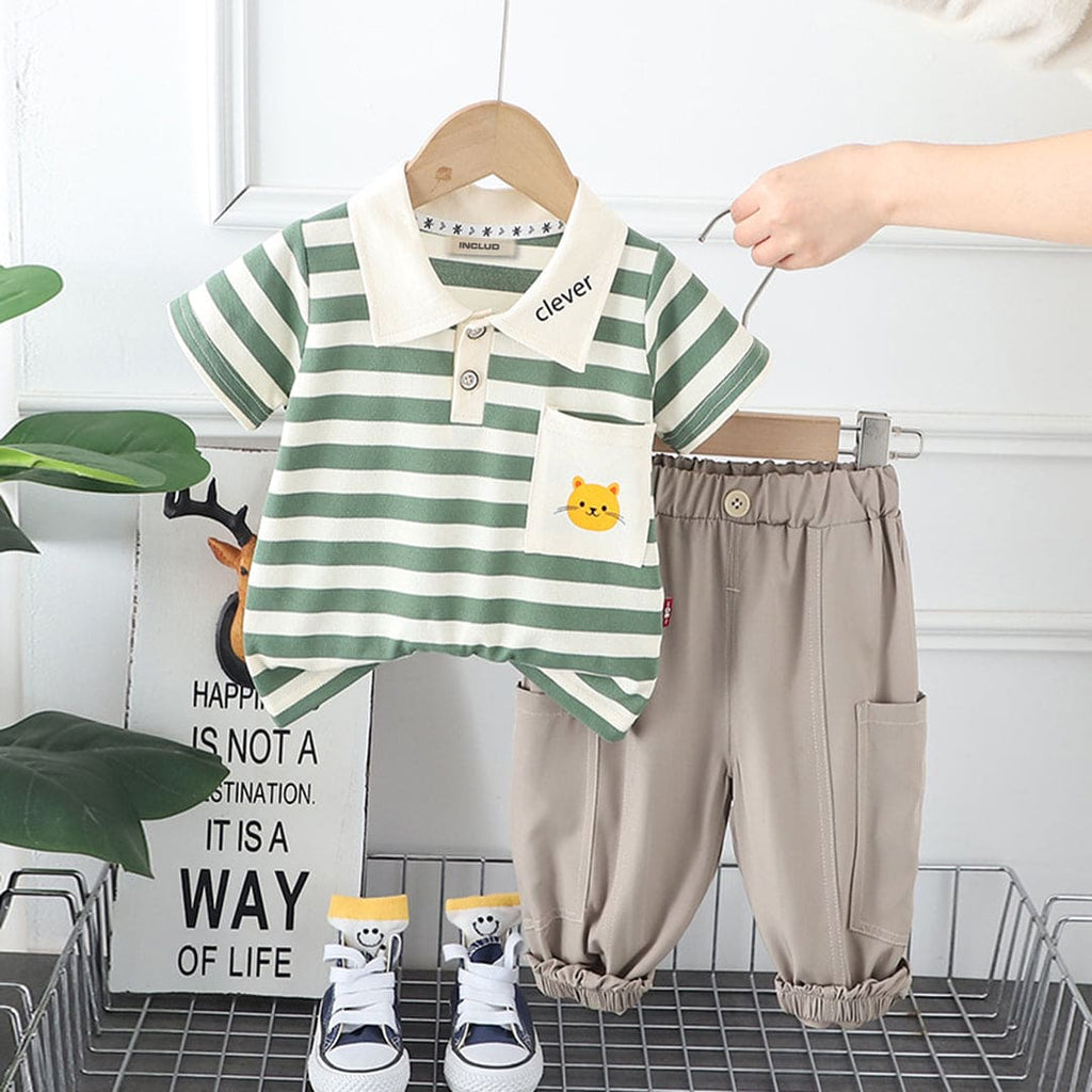 Boys Green Striped And Graphic Polo T-Shirt With Elasticated Pants 2 pc. Sets Green 1-2 Y 