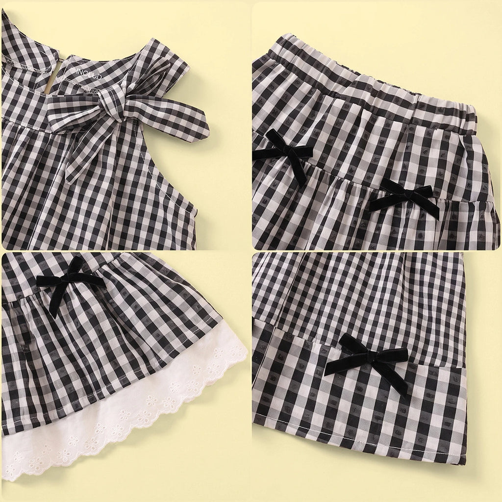 Girls Black Checked Sleeveless Top With Skirt Sets 2 pc. Sets