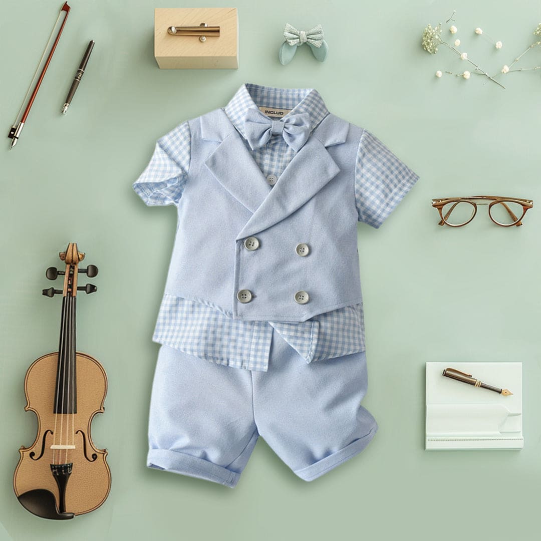 Boys Waistcoat Mock Checkered Shirt With Shorts Set Sets Light Blue 1-2 Y 