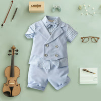Boys Waistcoat Mock Checkered Shirt With Shorts Set Sets Light Blue 1-2 Y 
