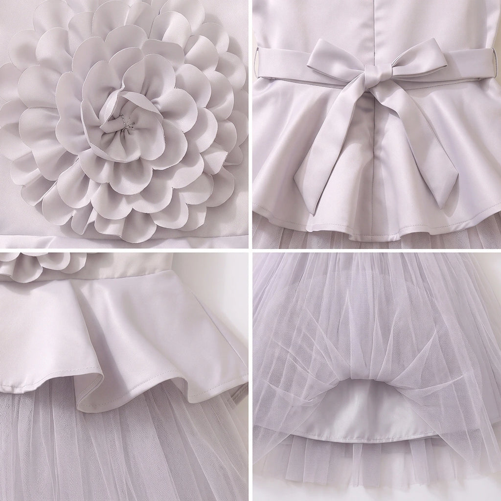 Girls Light Grey Floral Applique Sleeveless Fit & Flare Party Dress Party Dresses