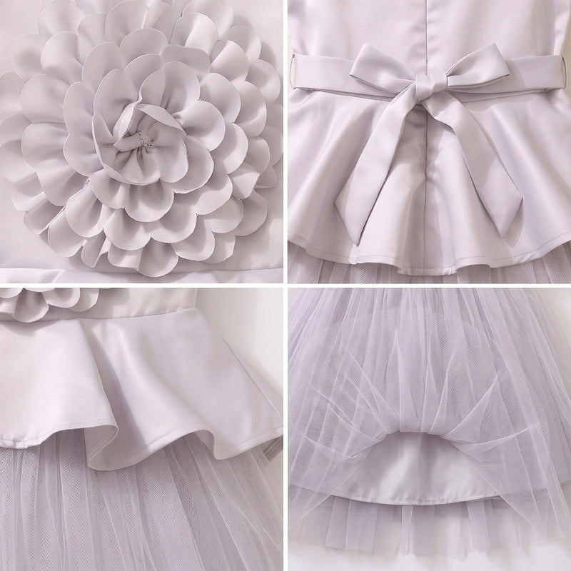 Girls Light Grey Floral Applique Sleeveless Fit & Flare Party Dress Party Dresses