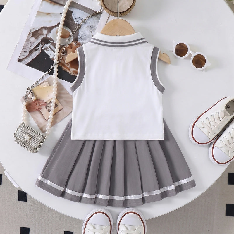 Girls Heart Embroidered Polo Top With Grey Pleated Skirt Sets 2 pc. Sets