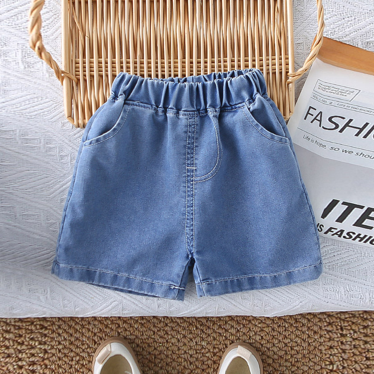 Boys White Car Printed Short Sleeves T-Shirt With Denim Shorts Set 2 pc. Sets
