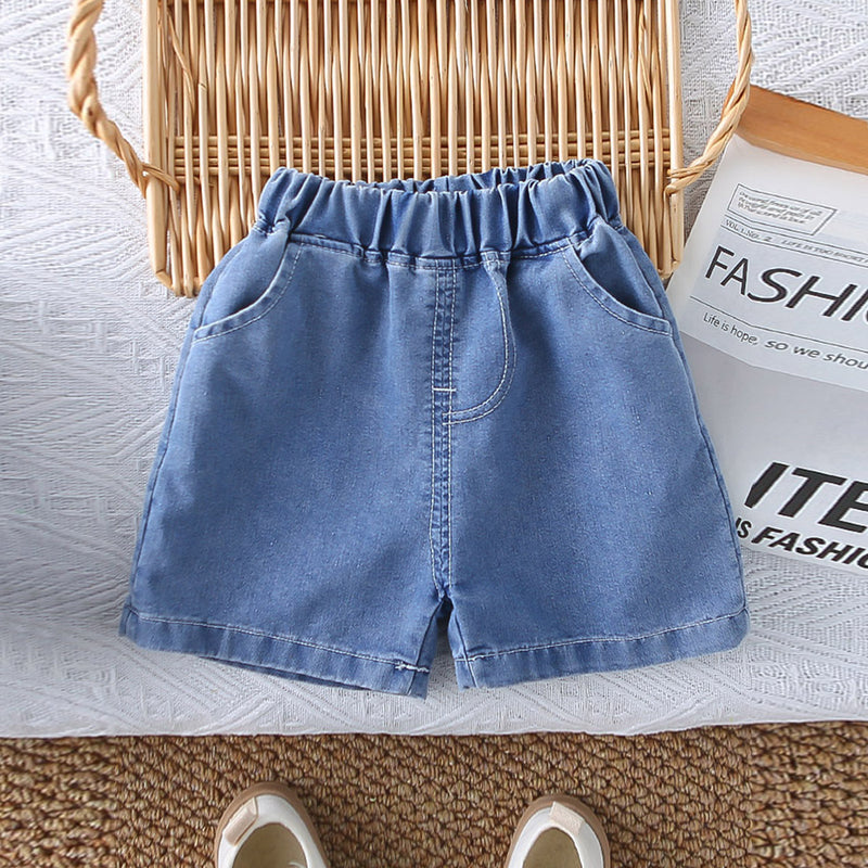 Boys White Car Printed Short Sleeves T-Shirt With Denim Shorts Set 2 pc. Sets