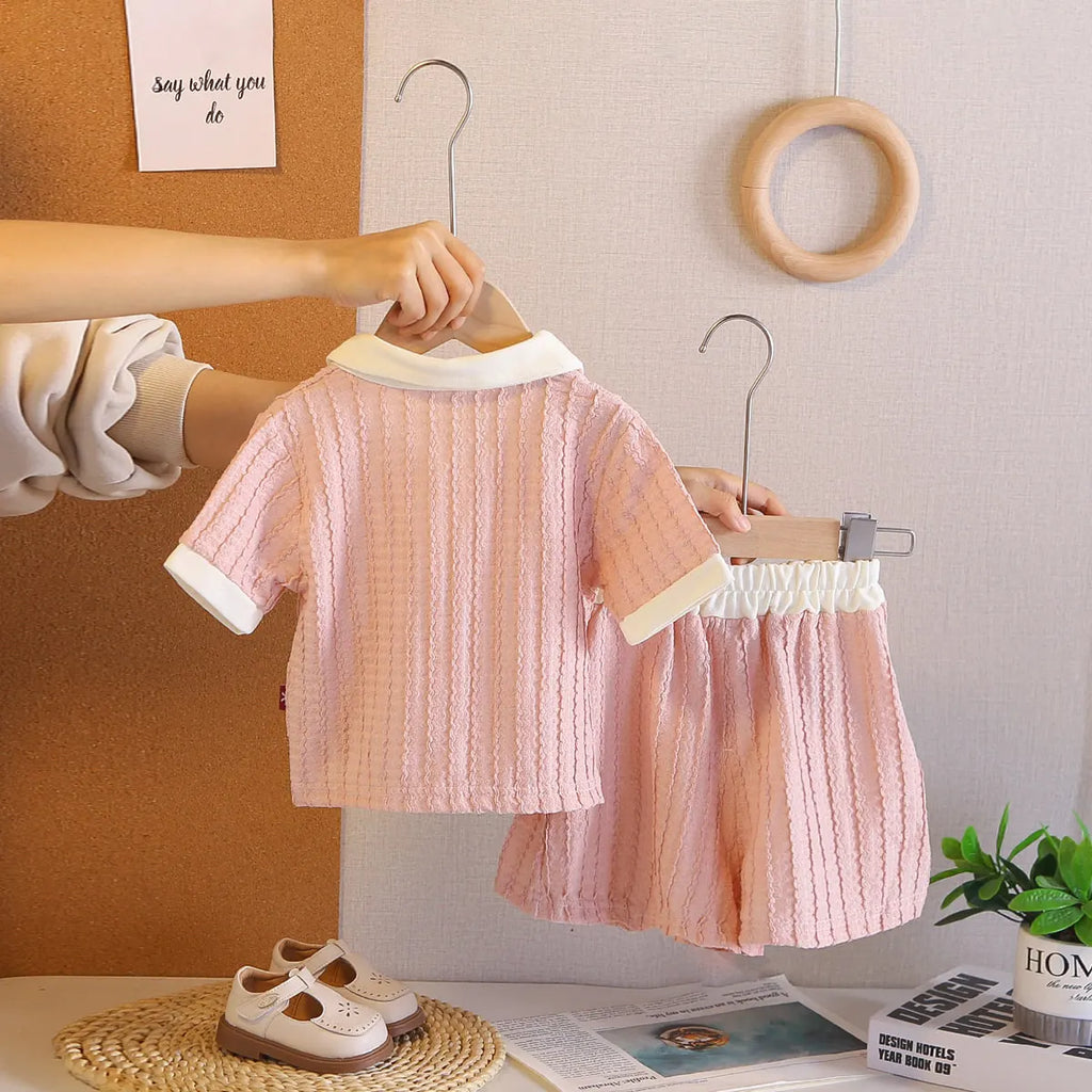 Girls Pink Textured Polo T-Shirt With Shorts Co-ord Sets Sets