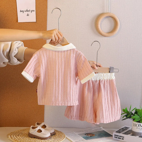 Girls Pink Textured Polo T-Shirt With Shorts Co-ord Sets Sets