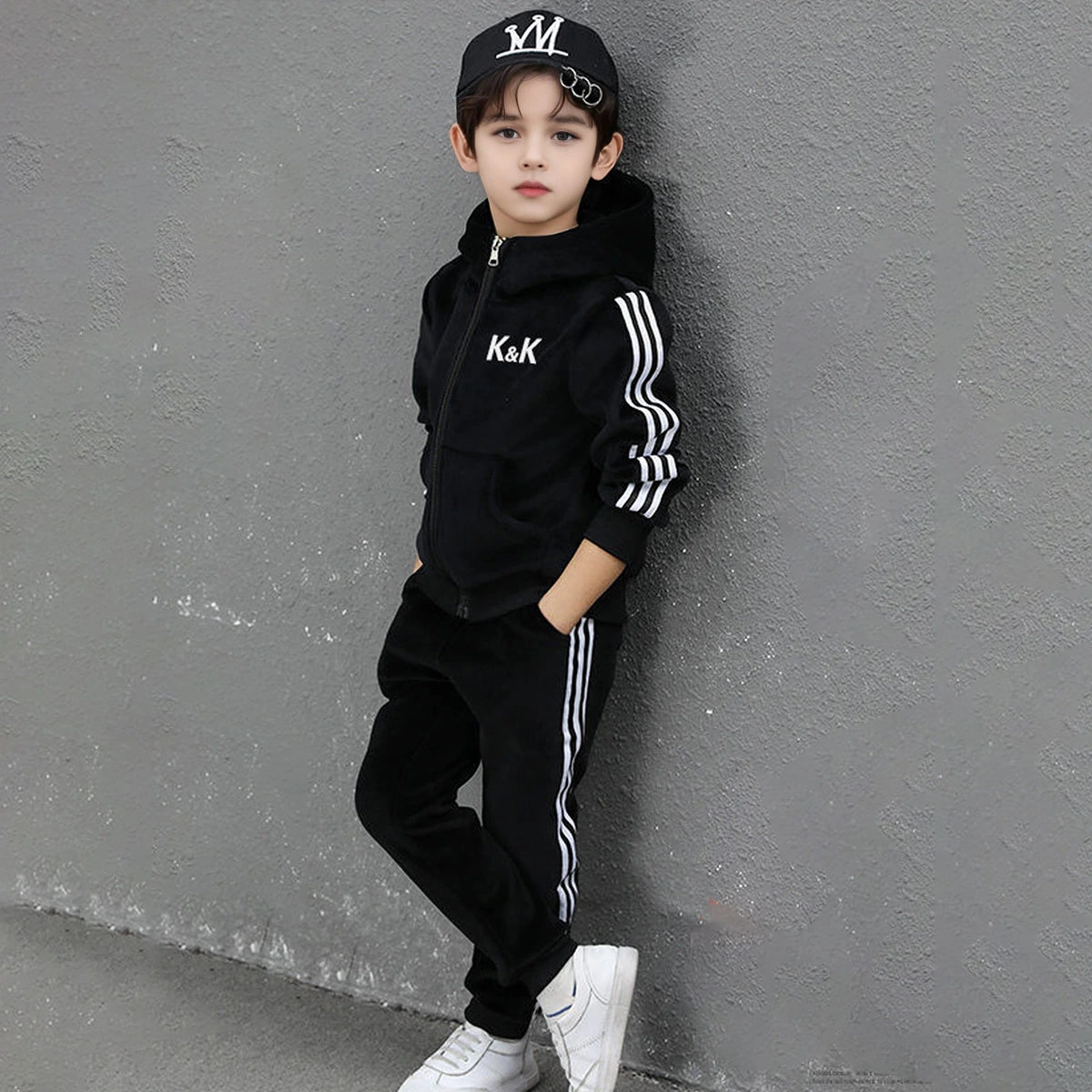 Boys Black Three Side Stripes Hooded Zip-up Jacket With Jogger Sets Sets