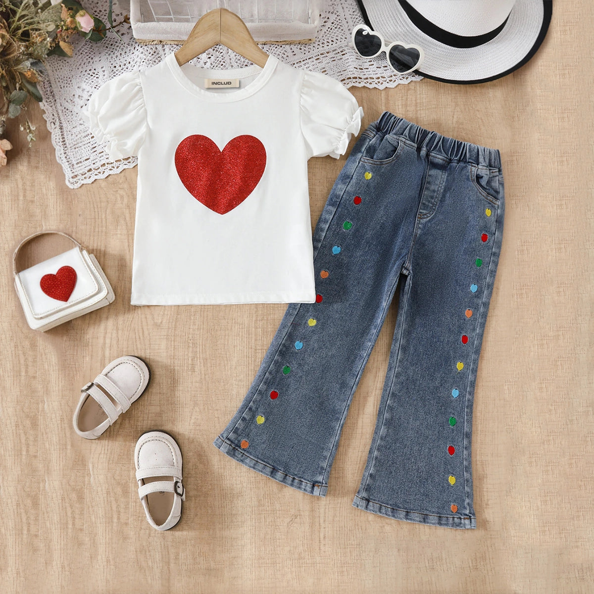 Girls White Heart Printed Top With Embroidered Denim Pants Set Sets White 3-4 Y