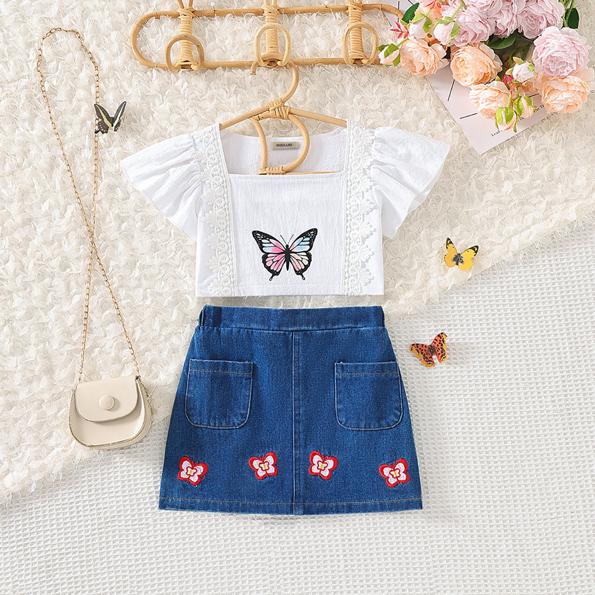 Girls White Short Sleeve Butterfly Print Top With Denim Skirt Set 2 pc. Sets