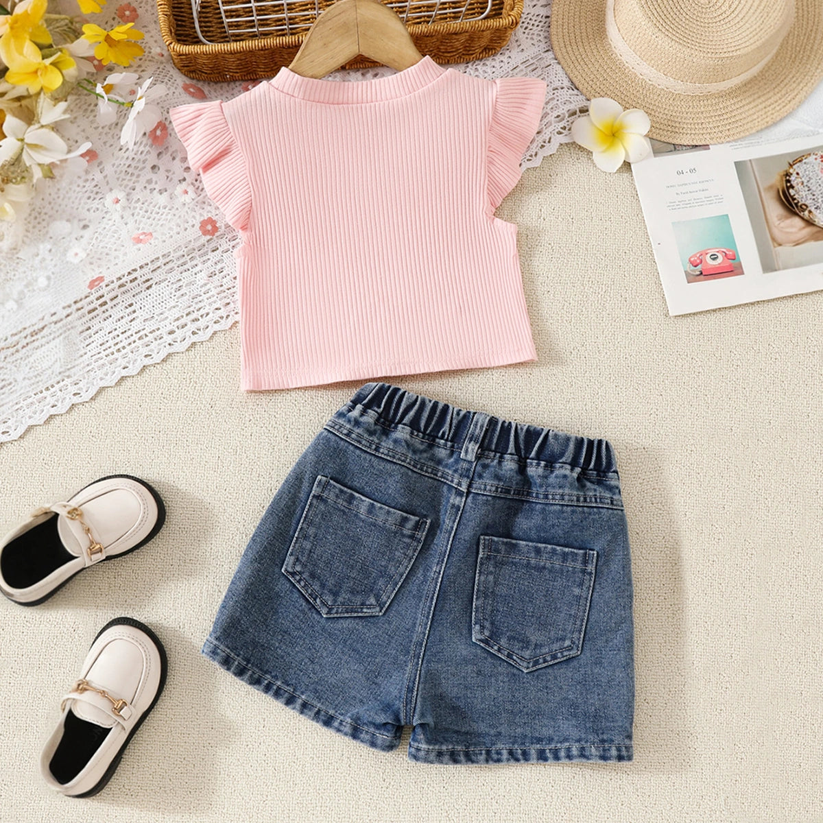 Girls Pink Embellished Top With Floral Embroidered Denim Shorts Set Sets