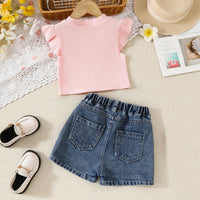 Girls Pink Embellished Top With Floral Embroidered Denim Shorts Set Sets