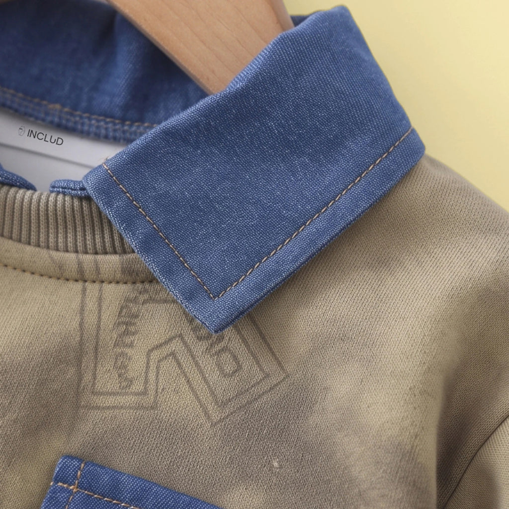 Boys Khaki Abstract Polo Sweatshirt & Denim Cargo Pants Sets Sets