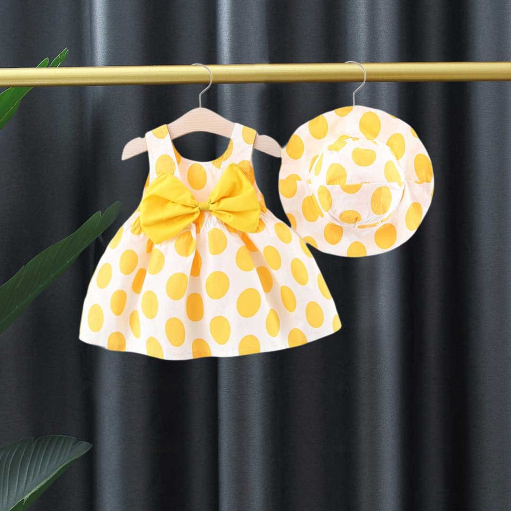 Girls Polka Dot Printed Casual Dress with Hat Casual Dresses Yellow 1-2 Y 