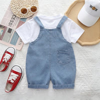 Boys White Lion Applique Short Sleeve T-Shirt With Denim Dungaree Sets 2 pc. Sets