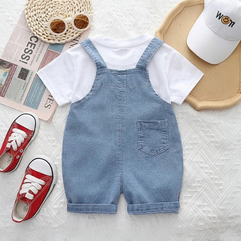 Boys White Lion Applique Short Sleeve T-Shirt With Denim Dungaree Sets 2 pc. Sets