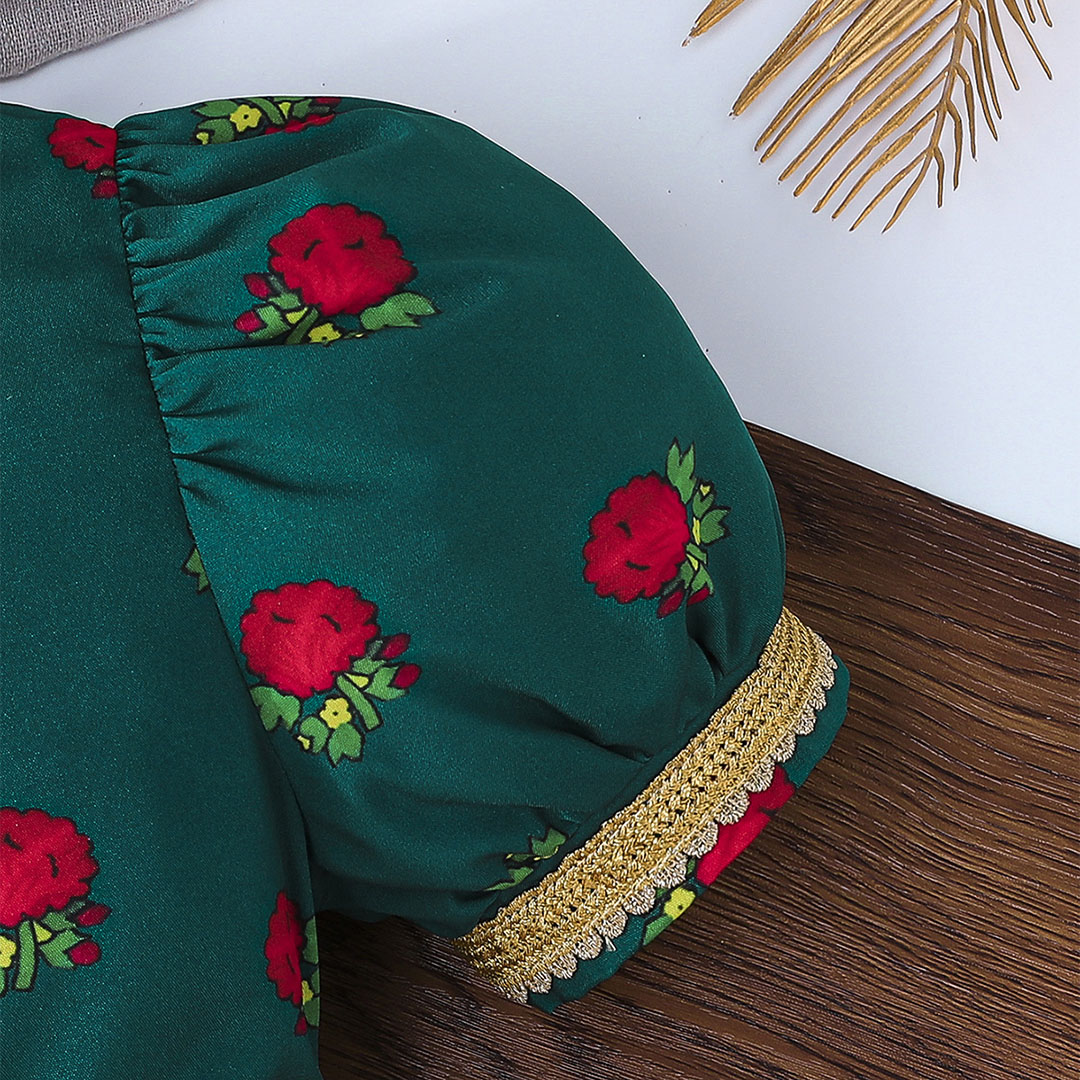 Girls Green Short Sleeve Floral Printed Fit & Flare Dress Casual Dresses