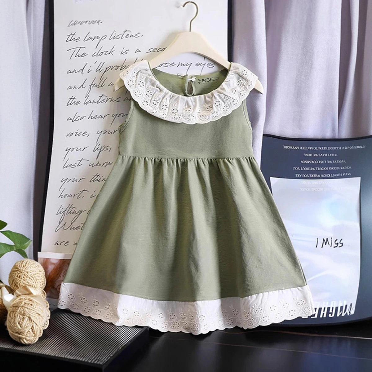 Girls Light Green Sleeveless Fit & Flare Dress With Lace Hem Casual Dresses Light Green 1-2 Y