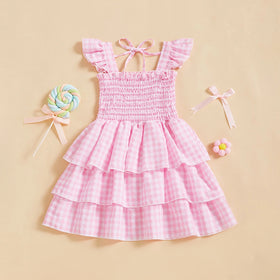 Girls Pink Checked Flutter Sleeve Smocked Tiered Dress Casual Dresses