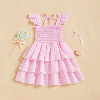 Girls Pink Checked Flutter Sleeve Smocked Tiered Dress Casual Dresses