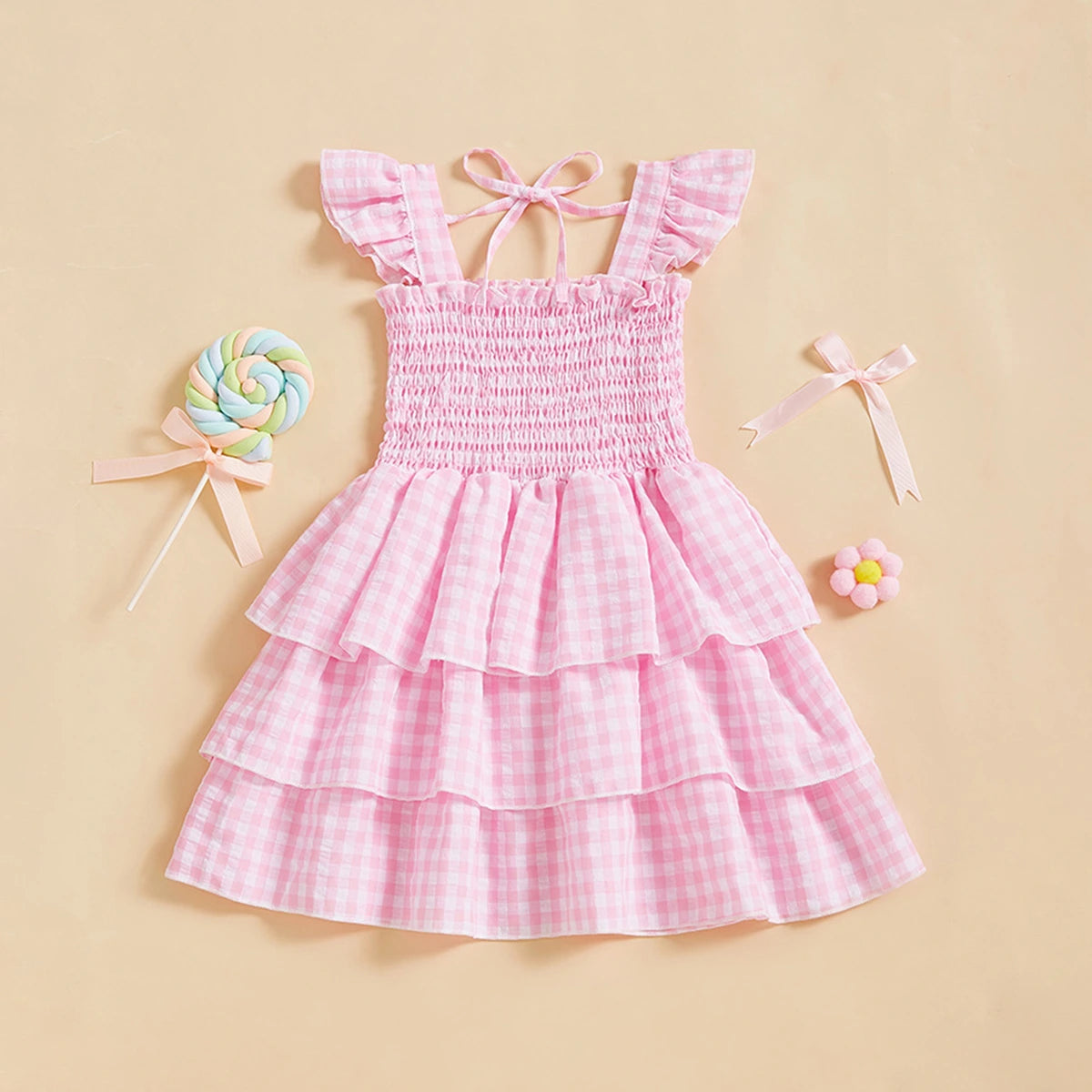 Girls Pink Checked Flutter Sleeve Smocked Tiered Dress Casual Dresses
