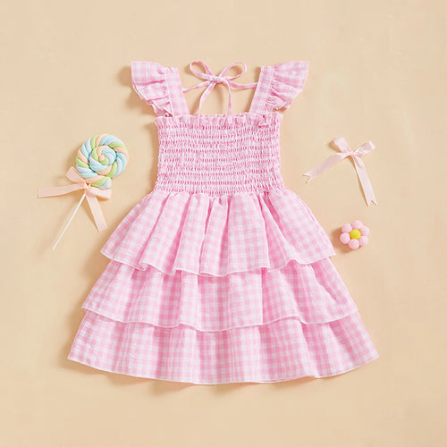 Girls Pink Checked Flutter Sleeve Smocked Tiered Dress Casual Dresses