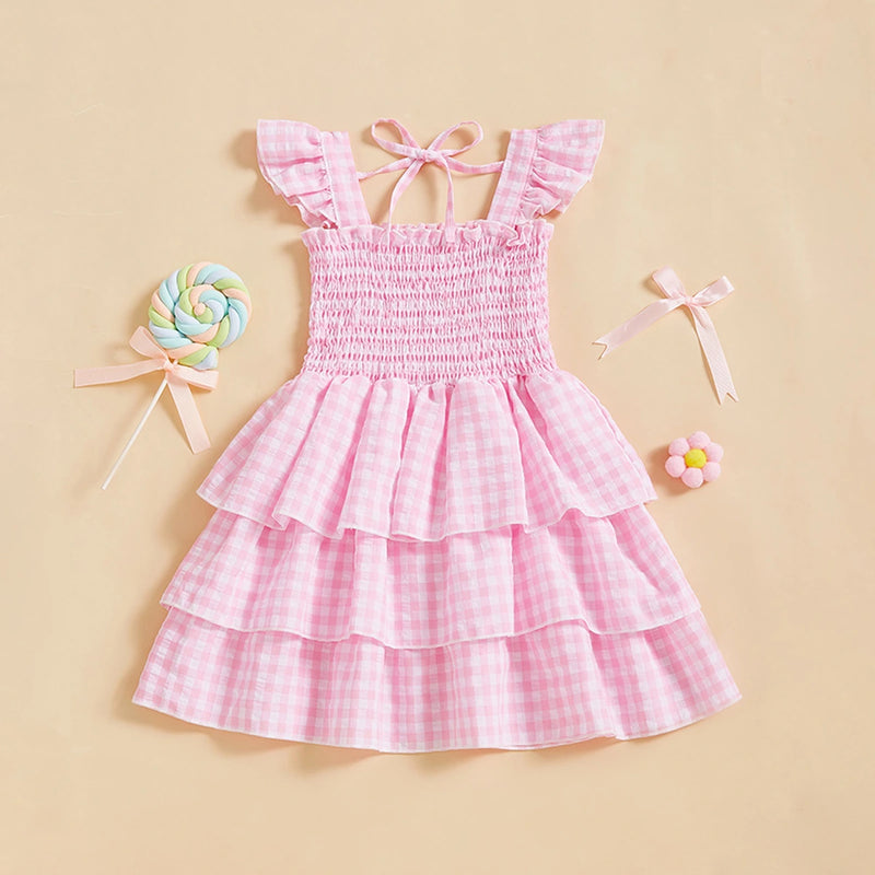 Girls Pink Checked Flutter Sleeve Smocked Tiered Dress Casual Dresses