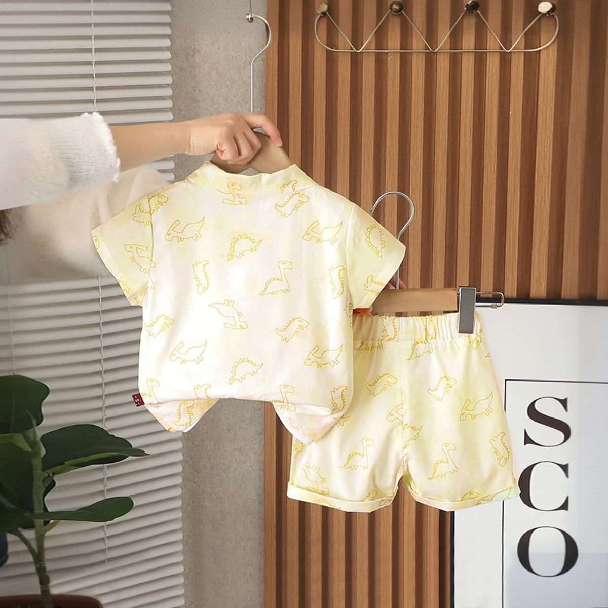 Boys Yellow Dinosaur Printed Shirt With Sleeveless T-Shirt And Shorts Set 3 pc. Sets