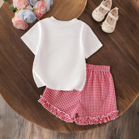 Girls White Cherry Print Short Sleeves T-Shirt With Gingham Shorts Set Sets