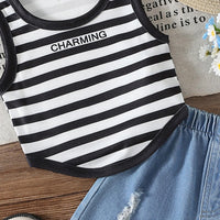 Girls Black Sleeveless Striped Top With Denim Shorts Sets 2 pc. Sets