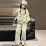 Girls Green Typographic Printed Sweatshirt With Flared Pants Winter Co-ord Set
