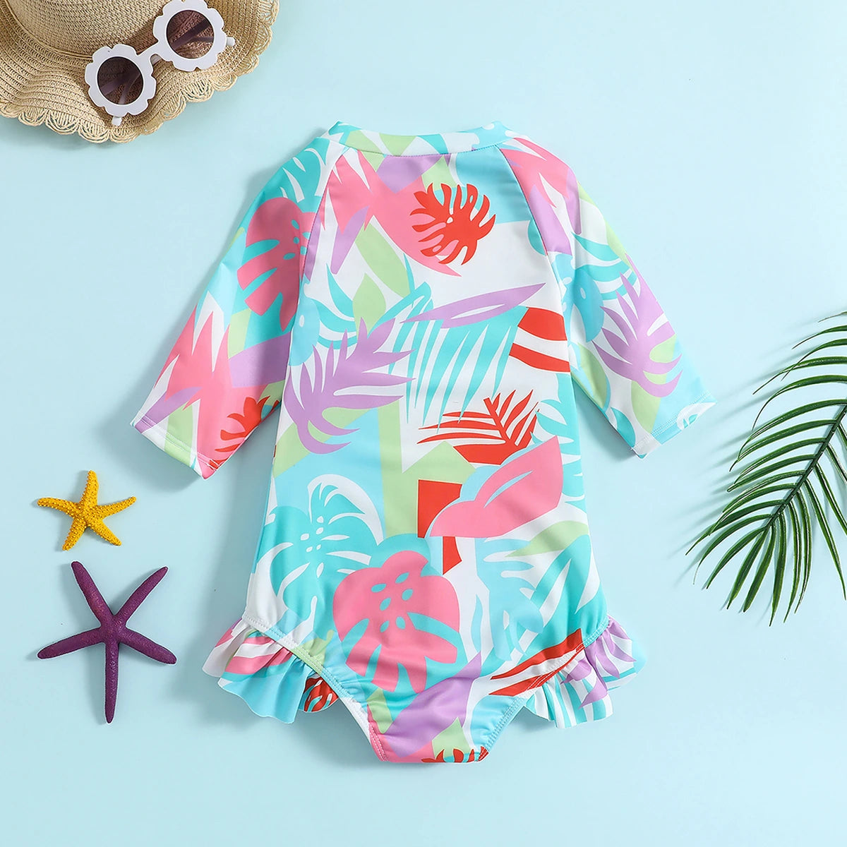 Girls Multicolor Tropical Printed Half Zipper Swimwear Bodysuit Beachwear