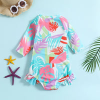 Girls Multicolor Tropical Printed Half Zipper Swimwear Bodysuit Beachwear