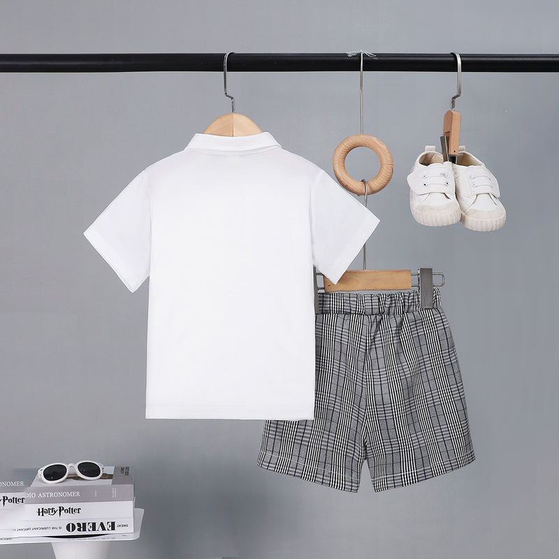Boys Black Check Waist Coat With Polo T-Shirt And Shorts Set 3 pc. Sets