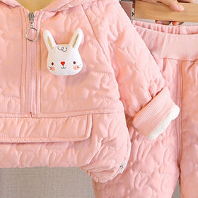 Girls Light Pink Rabbit Design Quilted Hoodie With Jogger Co-ord Sets Sets