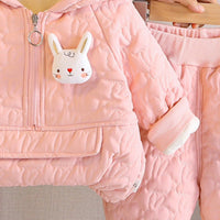 Girls Light Pink Rabbit Design Quilted Hoodie With Jogger Co-ord Sets Sets