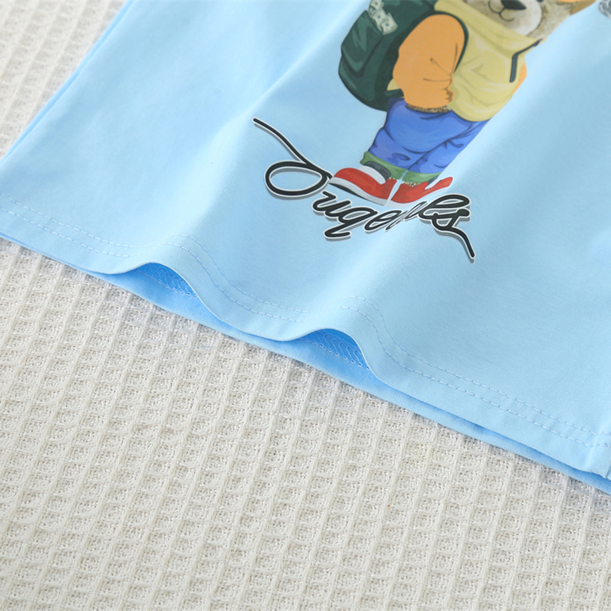 Boys Sky blue Teddy With Bag Pack Printed T-Shirt With Shorts set 2 pc. Sets