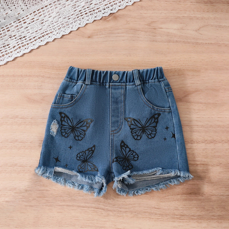 Girls Black Butterfly Printed Short Sleeves T-Shirt With Denim Shorts Set Sets