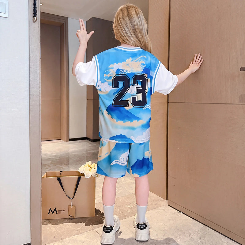 Girls Blue Alphanumeric Printed Short Sleeve T-Shirt With Shorts Sets 2 pc. Sets