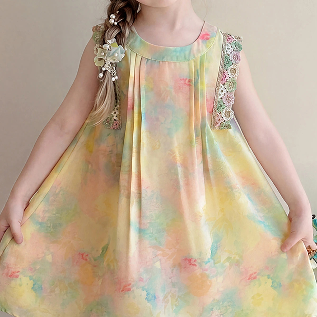 Girls Yellow Floral Print Sleeveless A-Line Dress Casual Dresses