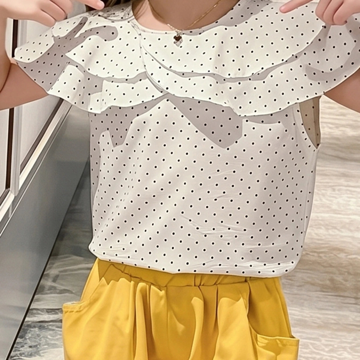 Girls White Polka Dot Printed Ruffle Neck Top With Elasticated Shorts Sets 2 pc. Sets