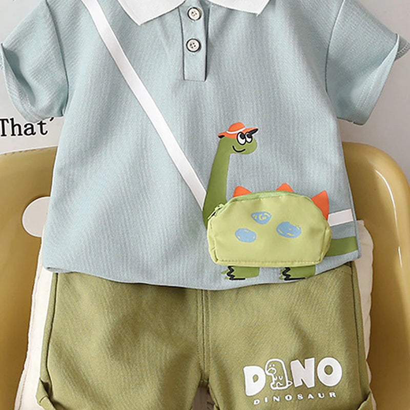 Boys Light Blue Dinosaur Graphic Polo T-Shirt With Elasticated Shorts Sets Sets