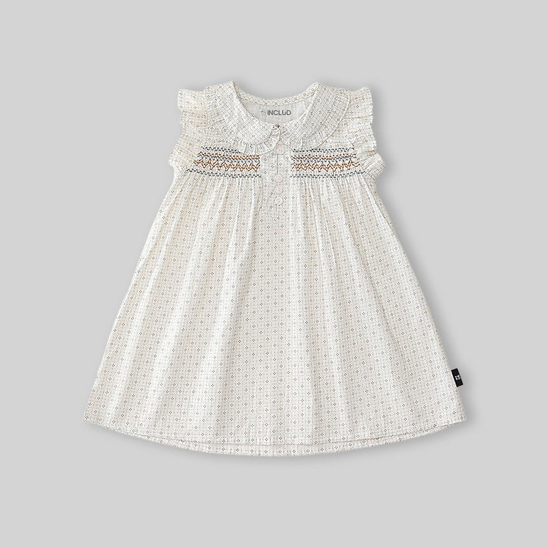 Girls Off White Embroidered Peter Pan Collar A-line Dress Casual Dresses